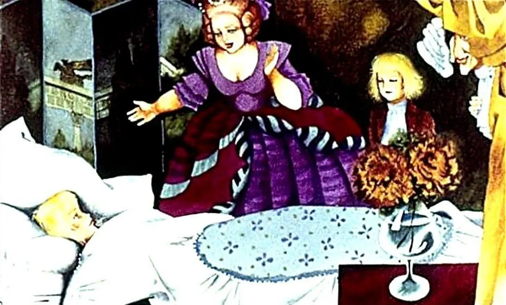 Ilustrare a unei scene cu o femeie îmbrăcată în rochie elegantă care se uită îngrijorată la o persoană întinsă pe un pat, înconjurată de alți doi copii și flori pe o masă.