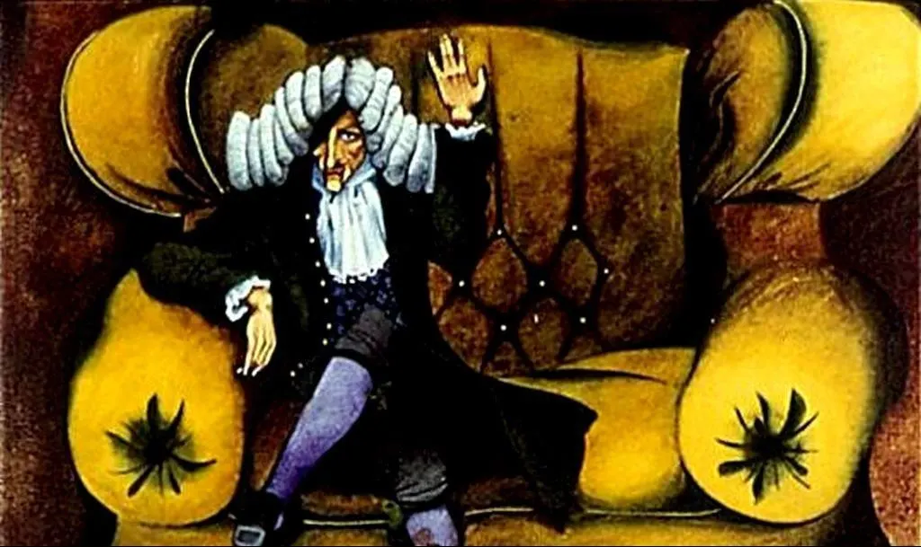 Ilustrație a unei persoane cu perucă, îmbrăcată într-un costum retro, așezată pe un fotoliu galben.