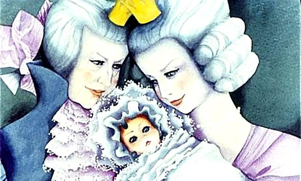 Ilustrație reprezentând două femei care privesc o fetiță îmbrăcată într-o pătură, evident vrăjite de frumusețea ei.