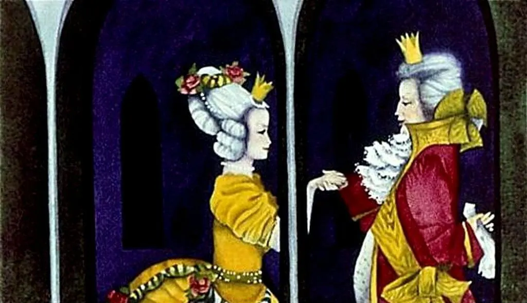 Imagine reprezentând două figuri regale, o regală în haine galbene și una în roșu, interacționând într-un decor medieval.