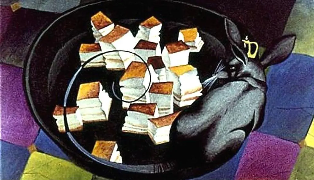 Imagini cu o tavă neagră plină cu cuburi de tort și un iepure care stă lângă tavă.