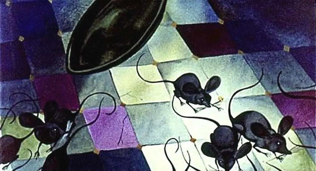 O ilustrare artistică cu mai mulți șoareci pe un podea colorată, cu un bol negru deasupra lor.