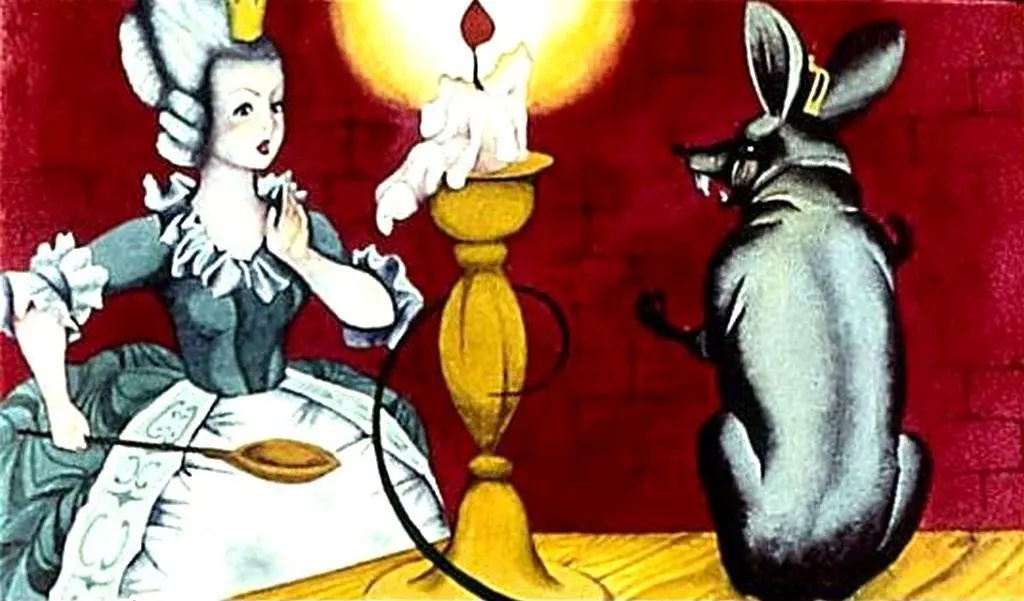 O femeie îmbrăcată în rochie veche stă pe un scaun lângă o lumânare aprinsă, în timp ce un șoarece mare, cu aspect temut, se uită către ea.