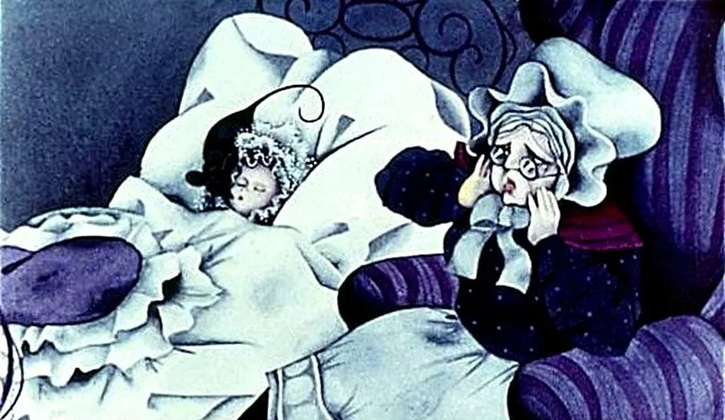 O ilustrație animată care prezintă o femeie îngrijorată care se uită la un copil care doarme în pat.