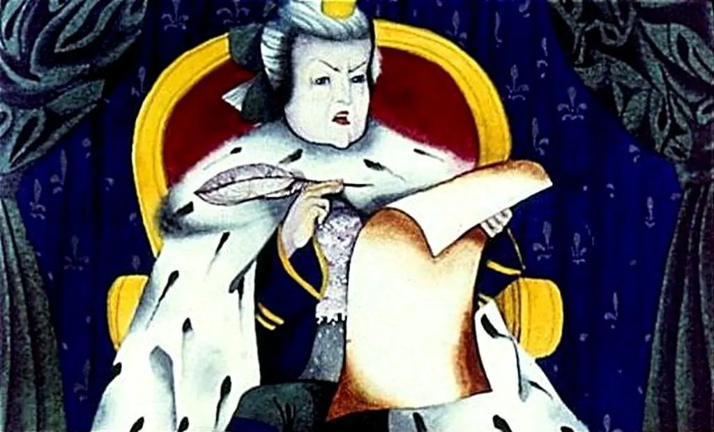 Imaginea prezintă o regină pe un tron, îmbrăcată în haine regale, care ține o pană și un sul de pergament.