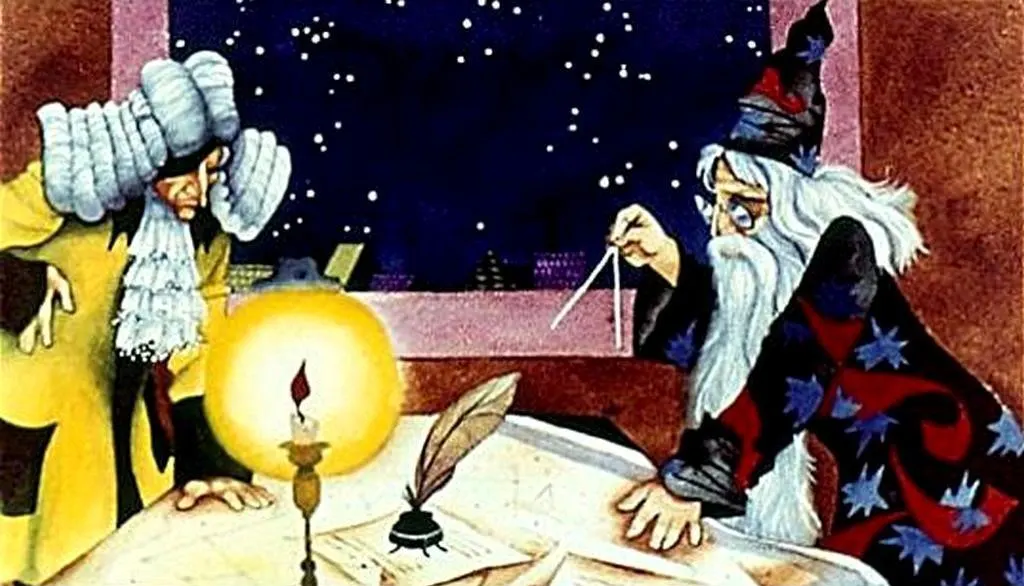 Imagine care ilustrează doi vrăjitori lângă o masă, unul dintre ei având o lumânare aprinsă și un con de scris, în timp ce al doilea folosește un compas; fundalul prezintă un cer nocturn cu stele.