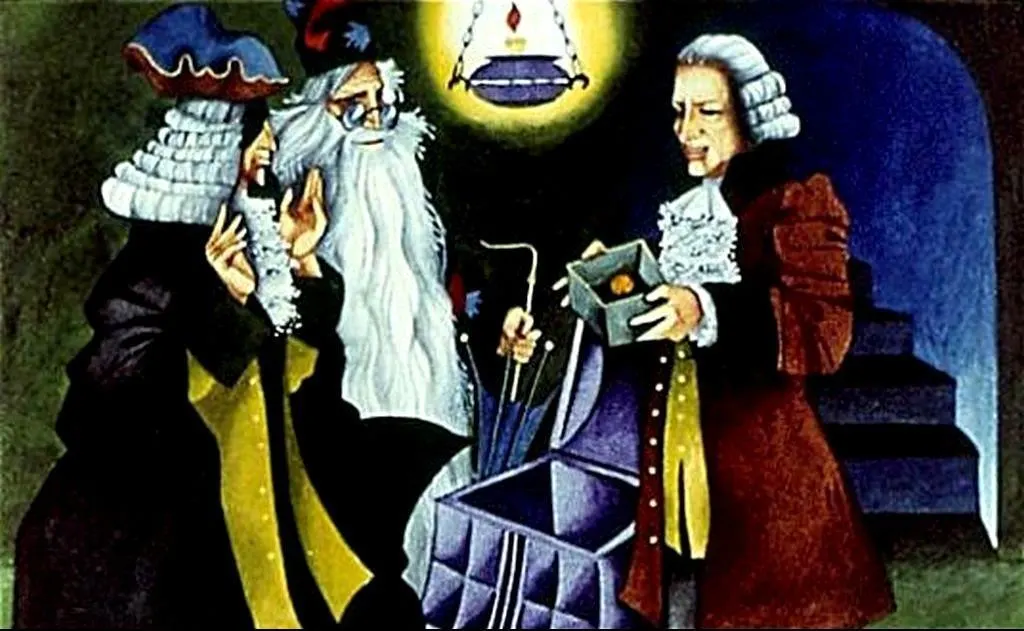 Trei personaje îmbrăcate în costume istorice discută într-o cameră slab iluminată, cu o lampă atârnată deasupra lor.