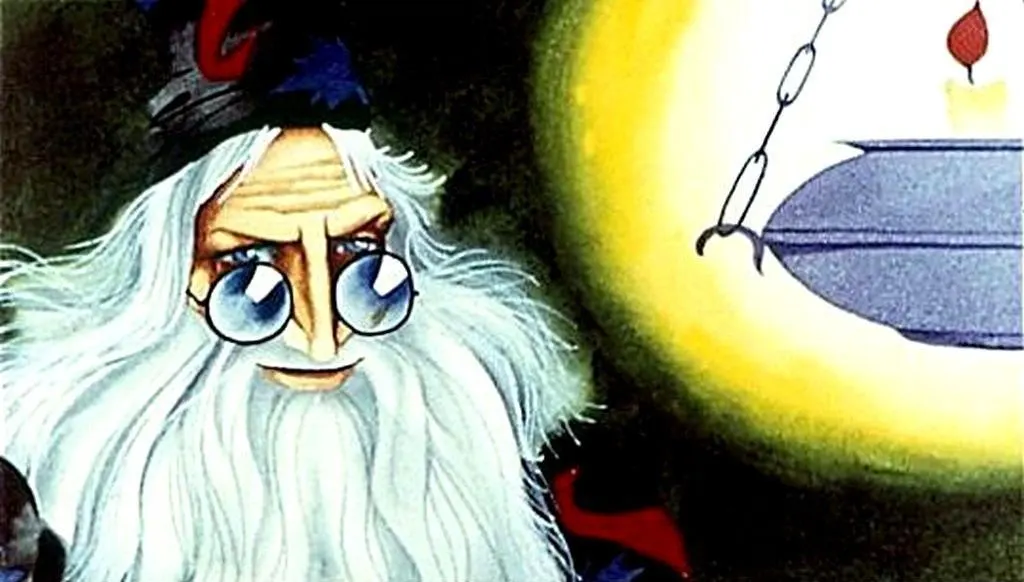 Ilustrație cu un vrăjitor bătrân cu păr alb și o barbă lungă, purtând o pălărie. Are o expresie inteligentă, cu o lanternă care luminează în fundal.