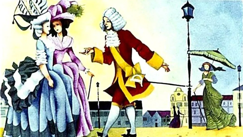 Ilustrație colorată cu două femei îmbrăcate în rochii elegante din epoca costumelor, întâlnind un bărbat îmbrăcat în haine de epocă pe o stradă, în fundal desfășurându-se un peisaj urban.