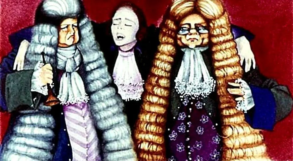 Ilustrare artistică a trei personaje cu peruci elaborate, îmbrăcate în costume tradiționale, exprimând diverse emoții.