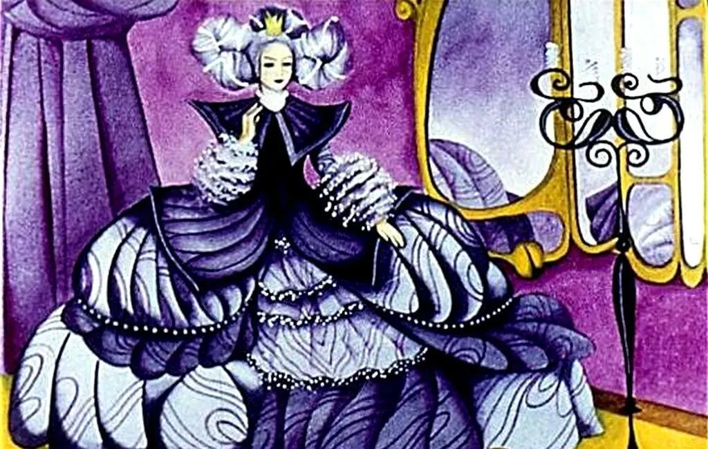O ilustrație artistică a unei femei într-o rochie mare și elegantă, cu detalii florale, stând în fața unei oglinzi într-o cameră decorată cu nuanțe de violet.