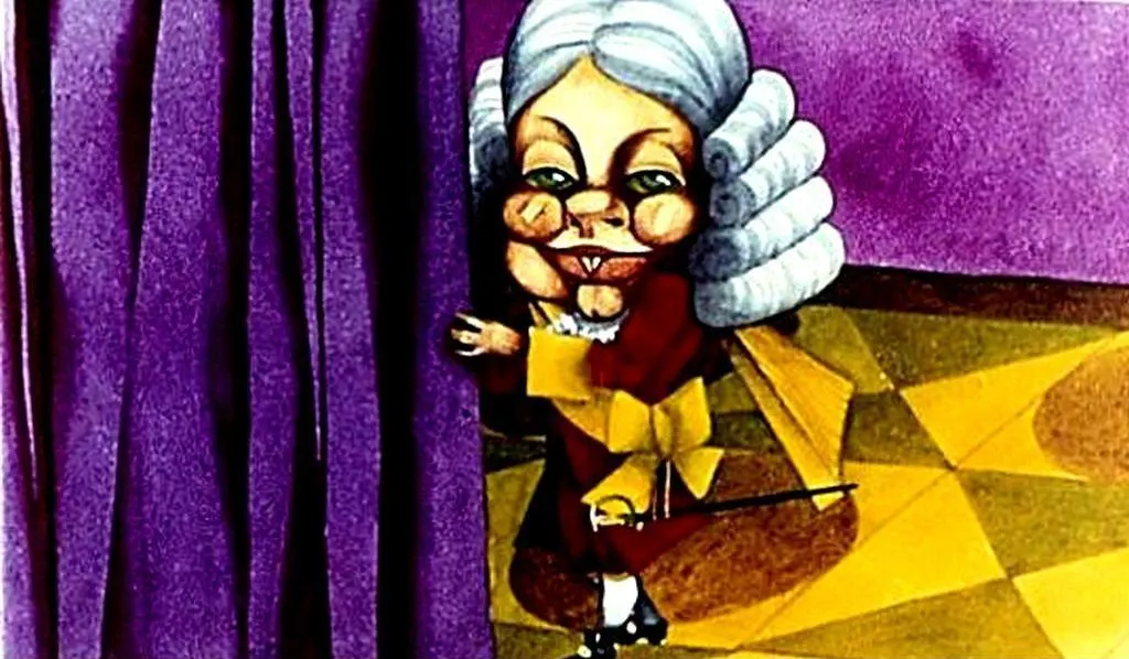 O caricatură a unei personaje cu păr gri, îmbrăcată într-un costum viu colorat, stând lângă o cortină purpurie într-un decor geometric de podea.