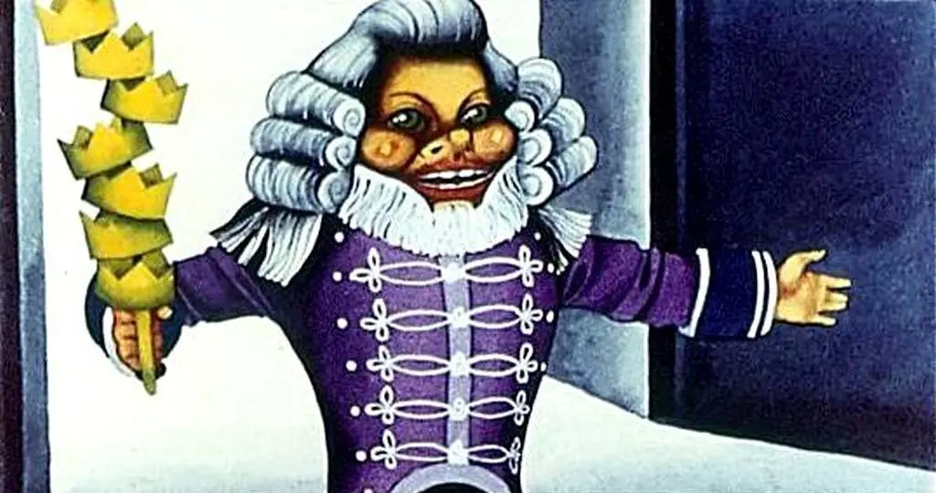 Ilustrație colorată a unui personaj cu păr gri, barbă albă și îmbrăcăminte purpurie, care ține un obiect galben în mână, zâmbind.