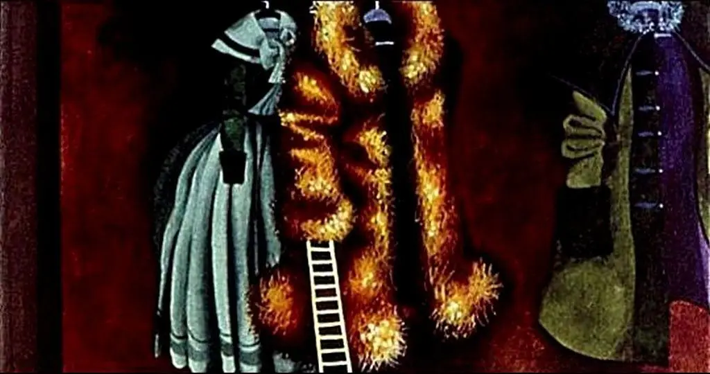 O pictură abstractă cu forme și culori variate, incluzând o scară albă și elemente luminoase pe un fundal întunecat.