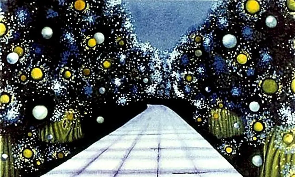 Imagine artistică cu un drum lat, luminat, flancat de copaci cu globuri colorate.