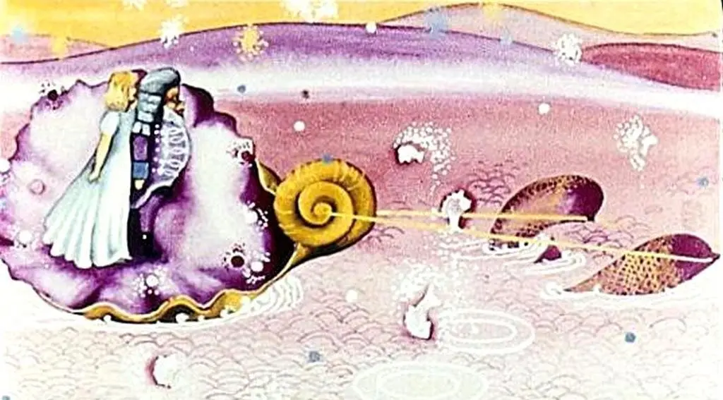 Ilustrație artistică cu o femeie pe o scoică, într-un peisaj pastelat, cu un melc și forme abstracte în fundal.