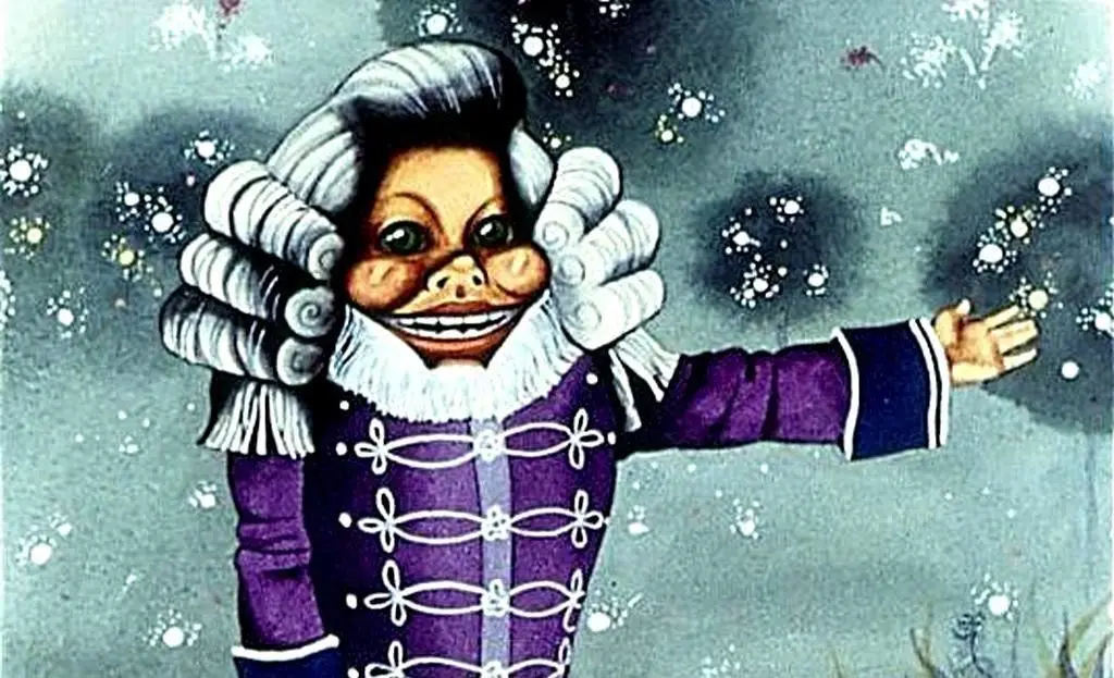 A character with curly white hair and a beard, wearing a purple coat, gesturing in front of a starry background.