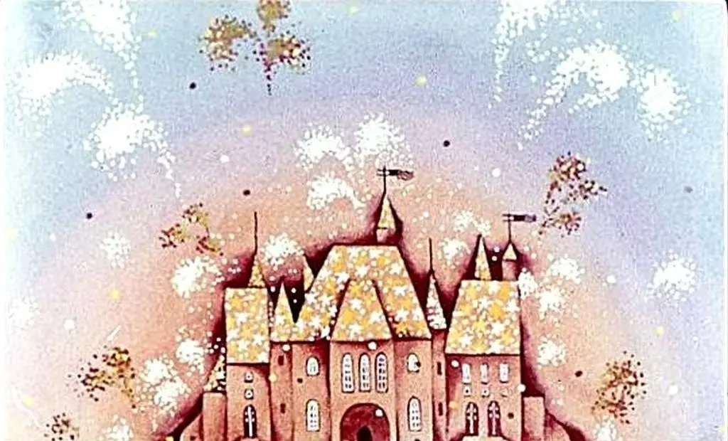 O ilustrație colorată a unui castel cu artificii strălucitoare în fundal.