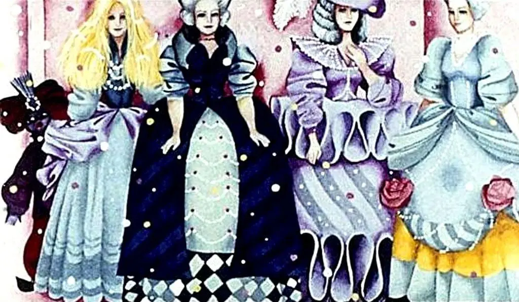 Pictură artistică cu patru femei îmbrăcate în rochii elegante, fiecare având un stil diferit, pe un fundal de nuanțe pastelate.