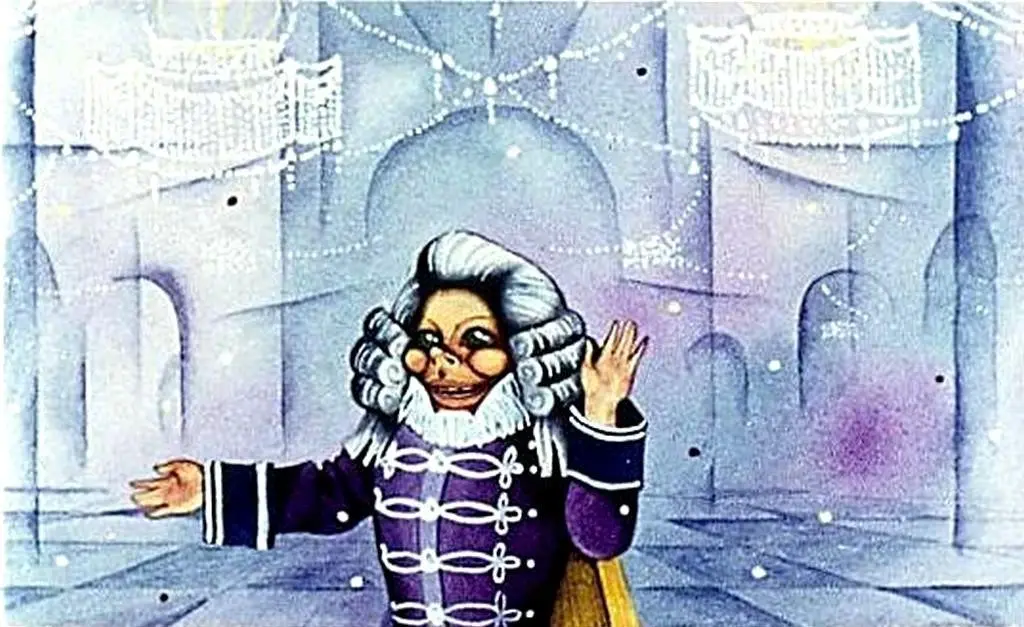 Ilustrare artistică cu patru femei în costume elegante, interacționând cu o fetiță, plasată într-un decor colorat.