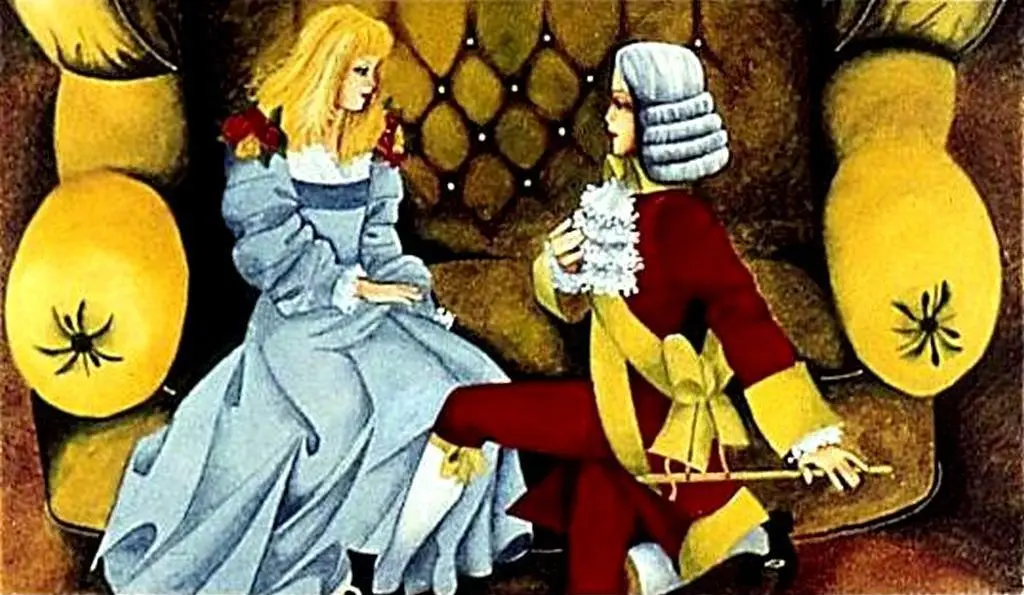 Ilustrație artistică cu două personaje pe o canapea, unul în ținută elegantă, iar celălalt îmbrăcat într-o rochie de epocă.