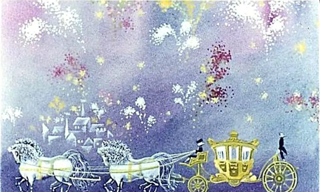 O ilustrație colorată cu un căruță trasă de cai, pe un fundal cu artificii și steluțe, sugerând o atmosferă de sărbătoare.