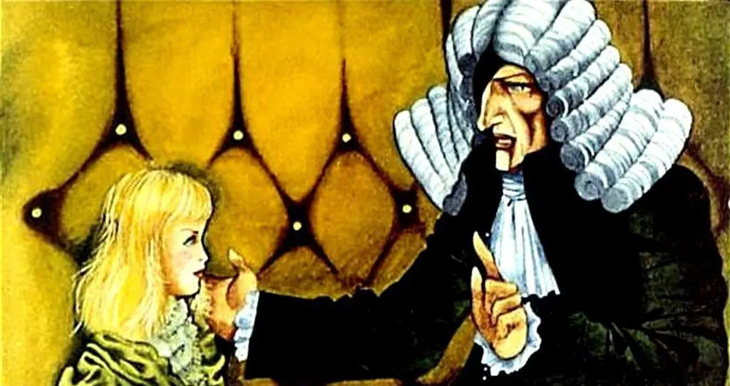 O scenă cu un bărbat în costume tradiționale de judecător, având perucă, care se află în fața unei fetițe blonde. Bărbatul pare a fi autoritar, gesticulând către fetiță într-un decor cu tonuri calde.