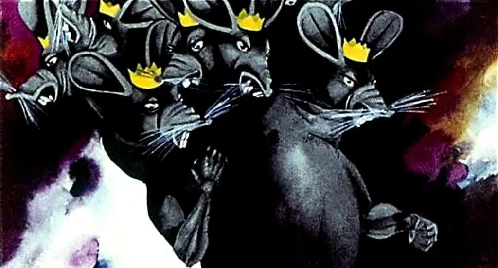 Imagine artistică a unor șoareci cu coroane, reprezentând o scenă vibrantă și expresivă.