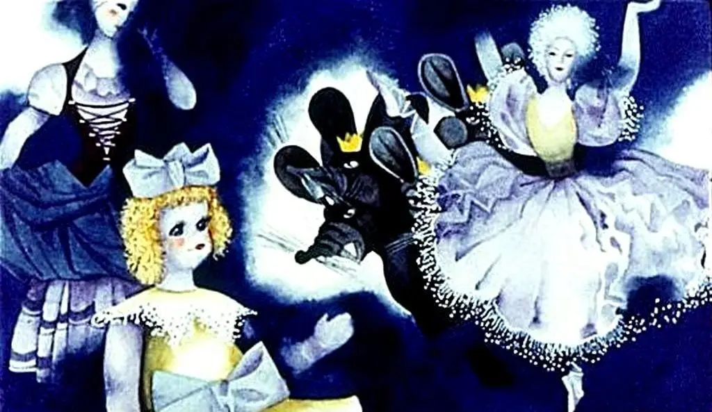 Imagine artistică cu păpuși și balerine dansând pe un fundal albastru.