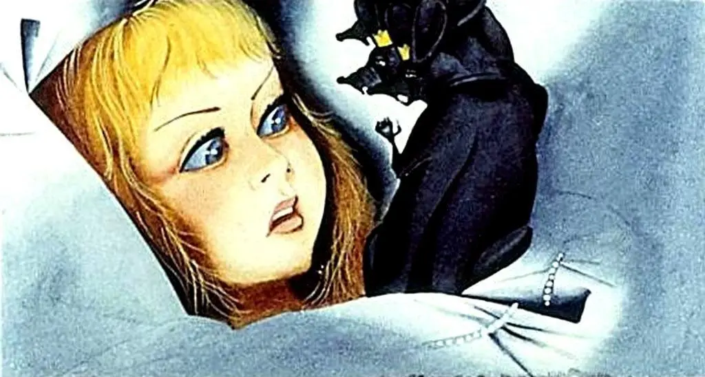 O ilustrație artistică care înfățișează o fetiță cu părul blond și ochi albaștri, uitându-se surprinsă către o creatură neagră care se află în apropierea ei.