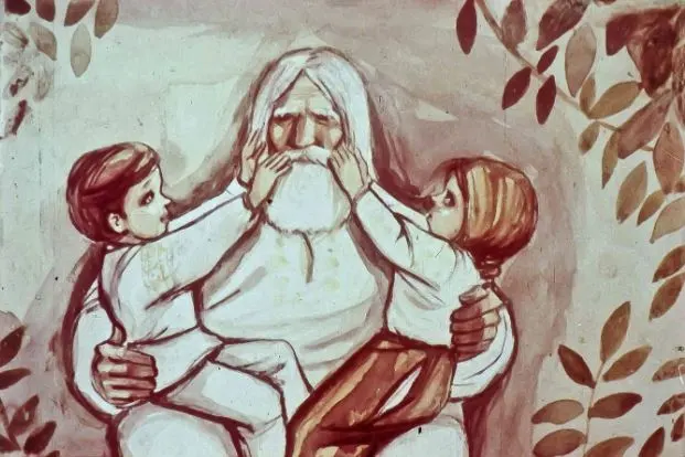 Ilustratie cu un bătrân cu părul și barba albă, ținând în brațe doi copii jucăuși, înconjurați de frunze.