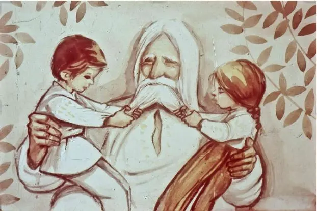 O ilustrație care prezintă un bătrân cu părul și barba albă, îmbrăcat în haine tradiționale, fiind tras de mustață de un băiat și o fetiță, înconjurați de frunze.
