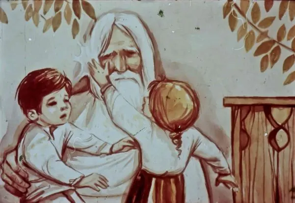 Ilustrație a unui bunic cu părul alb care îmbrățișează doi copii, un băiat și o fetiță, într-un cadru cald și familial.