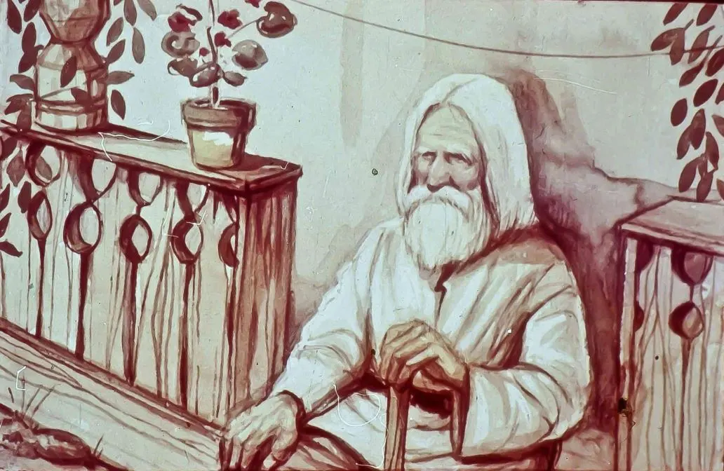 O ilustrație a unui bătrân cu păr alb, stând pe o bancă lângă un balustradă, cu un ghiveci de flori pe masă.