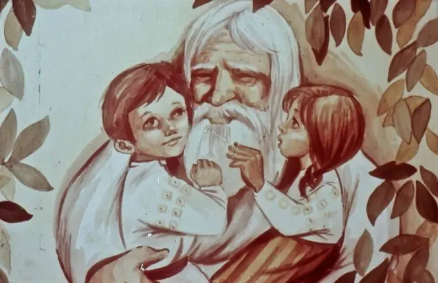 Ilustrație cu un bătrân și doi copii, unul de sex masculin și unul de sex feminin, care interacționează într-un cadru natural cu frunze în jurul lor.