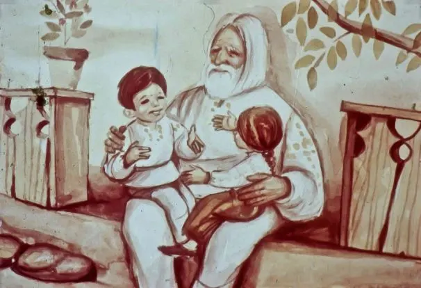 O ilustrație care reprezintă o bunică stând pe o bancă, ținând în brațe doi copii, unul dintre ei vorbind cu ea, într-un decor simplu.