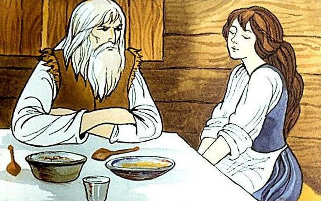 Ilustrație cu un bărbat cu barbă și o femeie, stând la o masă cu vase așezate, într-o cameră din lemn.