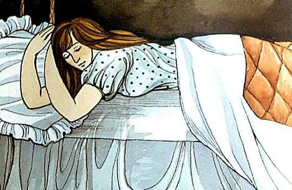 Ilustrație a unei femei care doarme pe un pat, cu părul lung și o pijama cu buline.