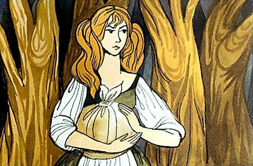 O ilustrație cu o femeie cu păr lung și ondulat, îmbrăcată într-o rochie tradițională, ținând o minge sau un obiect rotund în brațe, în fața unor copaci stilizați.