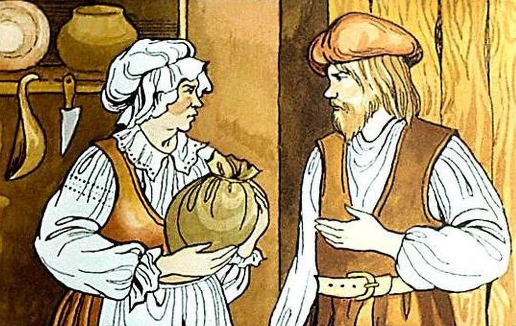 O femeie si un barbat stau intr-o camera interioara, femeia tine un sac in brate iar barbatul ii vorbeste.