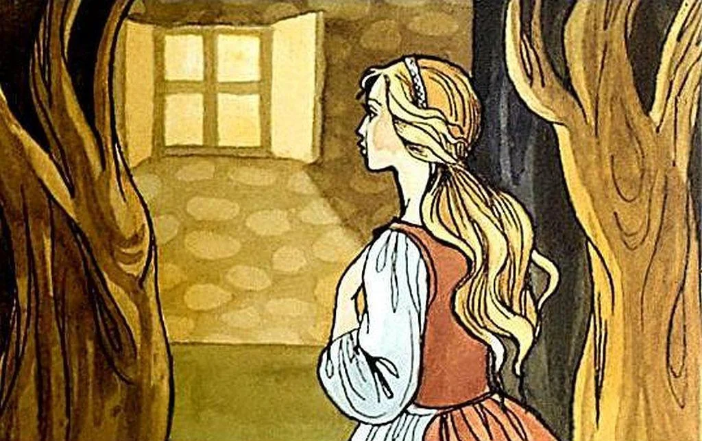 O ilustrație colorată a unei femei cu părul lung, stând în fața unei feronieră deschise, cu pereți din lemn și copaci laterali.