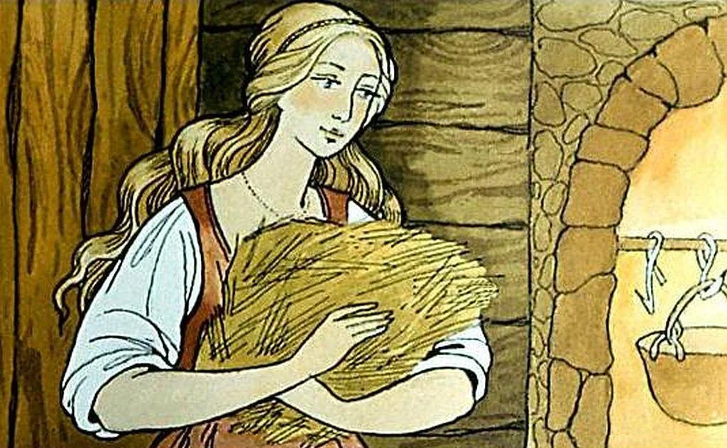 O femeie cu părul lung ține o grămadă de fân în brațe, zâmbind în interiorul unei cabane din lemn.