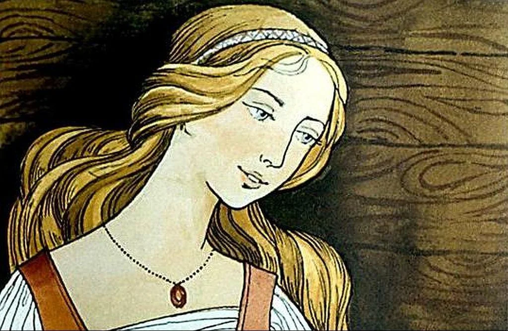 Ilustrație cu o femeie blondă, cu păr lung, care poartă o bluziță albă și un medalion, privind într-o parte, cu un fundal din lemn.