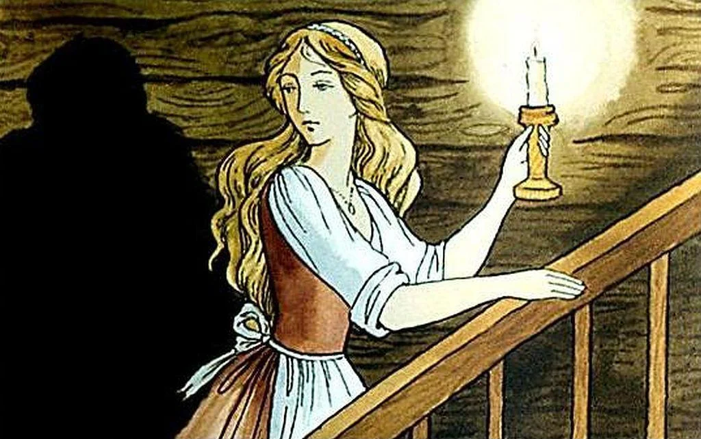 Imagine ilustrativă a unei femei cu păr lung, purtând o rochie tradițională, care coboară o scară în timp ce ține o lumânare aprinsă.