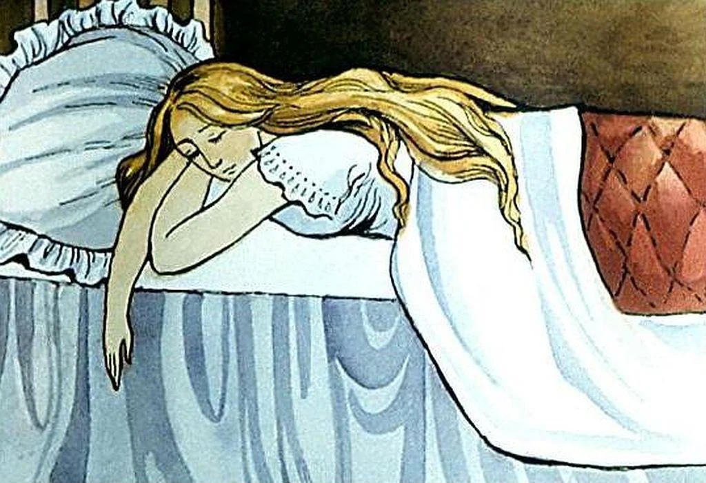 O ilustrație cu o fată cu părul lung, culcată pe o pernă într-un pat, având o față relaxată, înconjurată de lenjerie de pat.