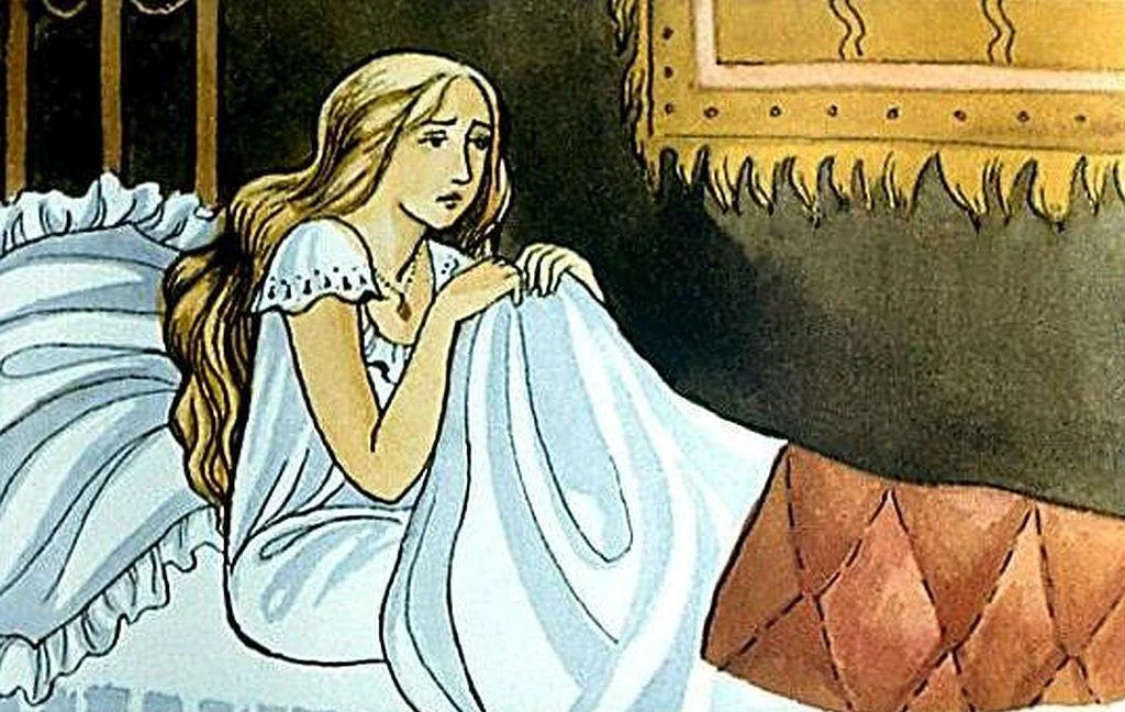 O ilustrare a unei femei tinere care stă în pat, uitându-se tristă și îngrijorată, acoperită parțial cu o pătură albă.