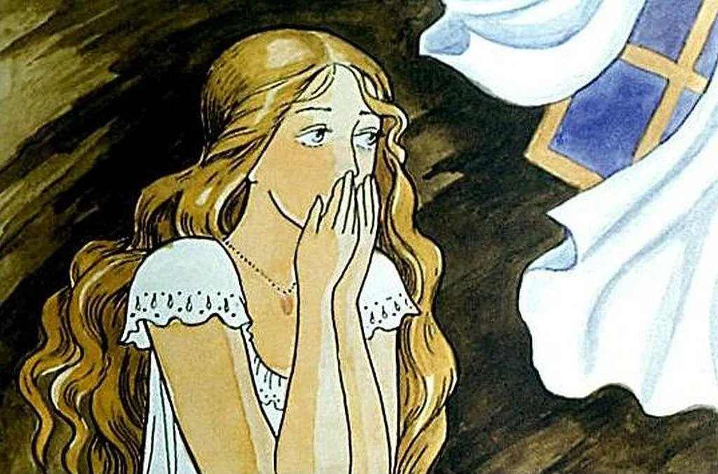 O ilustrație cu o tânără cu păr lung, surprinsă și cu mâinile la gură, care privește spre o perdea albă și o fereastră.