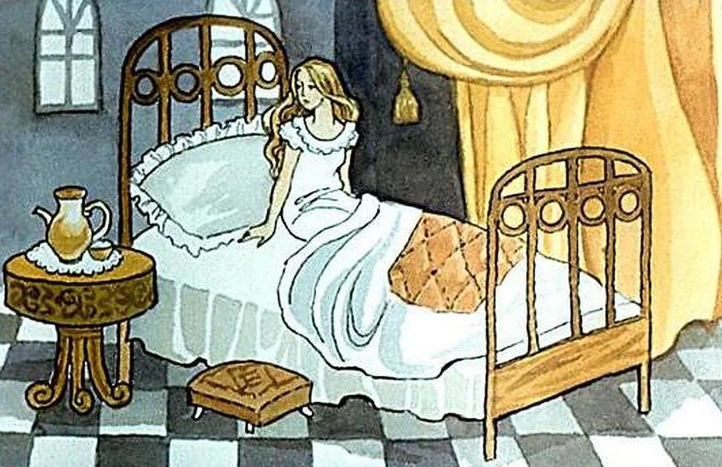 A woman with long blonde hair sits on a bed in a room with a checkered floor, a wooden table, and a pitcher.