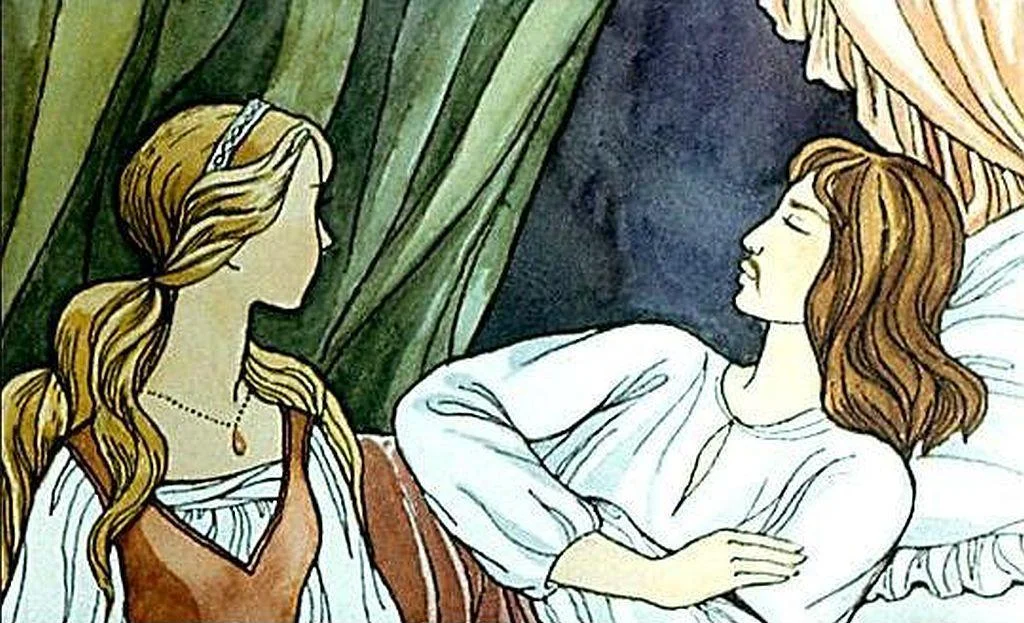 Ilustrație cu două personaje, una stând în picioare și cealaltă sprijinită, discutând într-un mediu interior.