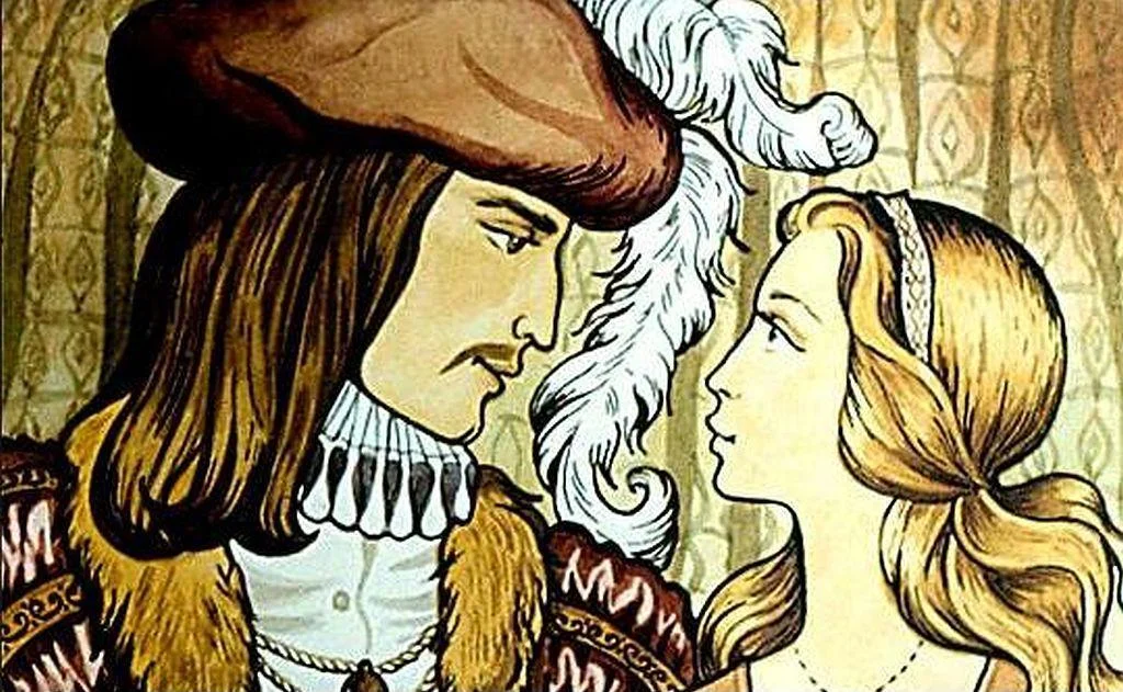 Ilustrare a doi tineri îmbrăcați în haine istorice, privind unul spre celălalt într-un cadru interior.